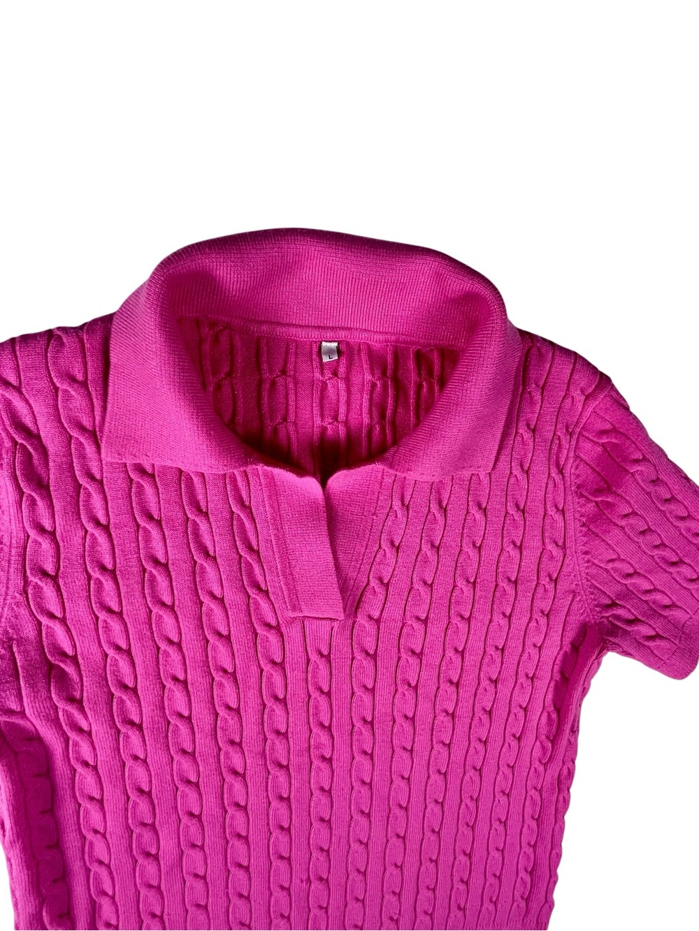 Women’s Short-Sleeve Cable Polo Sweater in Hot Pink L - sku 147 - Picture 3 of 10